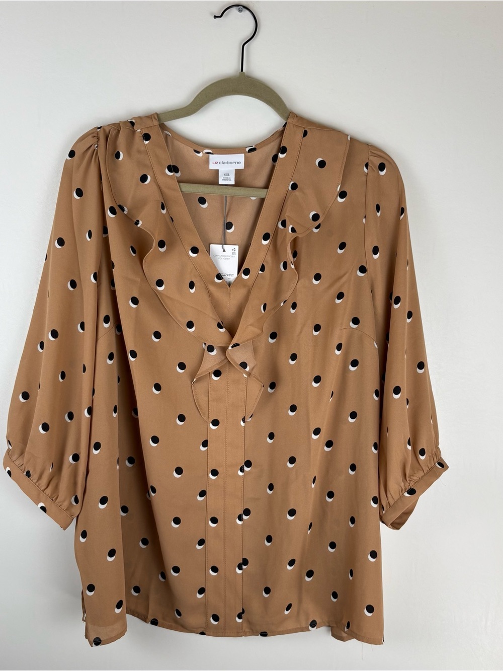 Liz Claiborne Womens 2XL Blouse Shirt Top 3/4 Sleeve V Neck Polka Dots Brown